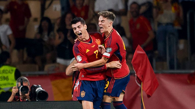 Alvaro Morata and Gavi celebrate Spain&#39;s opener
