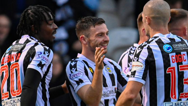 PAISLEY, SCOTLAND - OCTOBER 28: St Mirren's Greg Kiltie (centre) celebrates scoring to make it 4-0 during a cinch Premiership match between St Mirren and St Johnstone at the SMiSA Stadium, on October 28, 2023, in Paisley, Scotland. (Photo by Rob Casey / SNS Group)