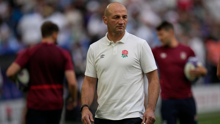 England&#39;s head coach Steve Borthwick looks on during the warm up before the Rugby World Cup quarterfinal match between England and Fiji at the Stade de Marseille in Marseille, France, Sunday, Oct. 15, 2023. (AP Photo/Daniel Cole)