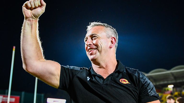 Picture by Olly Hassell/SWpix.com - 06/10/2023 - Rugby League - Betfred Super League Semi-final - Catalans Dragons v St Helens - Stade Gilbert Brutus, Perpignan, France - Catalans' Head Coach Steve Mcnamara celebrates his sides victory over St Helens progressing them through to the grand final