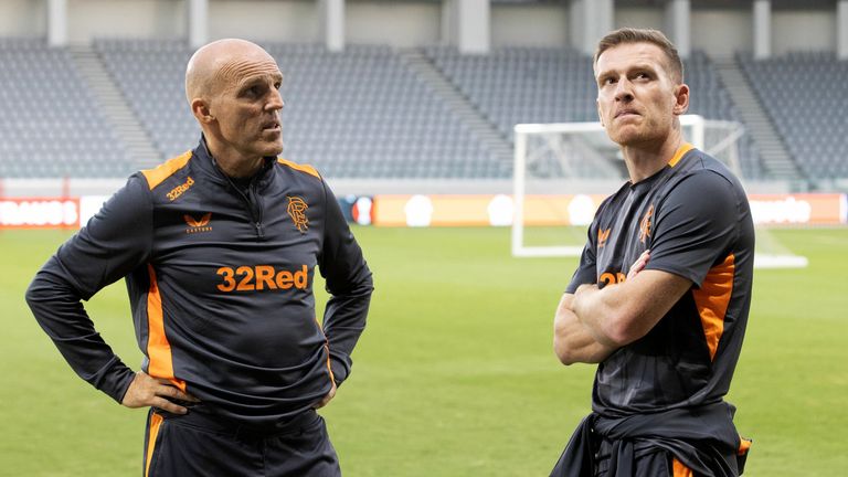 KOLOSSI, CYPRUS - OCTOBER 04: Rangers Interim Manager Steven Davis and assistant Alex Rae at the Alphamega Stadium, on October 04, 2023, in Kolossi, Cyprus. (Photo by Alan Harvey / SNS Group)