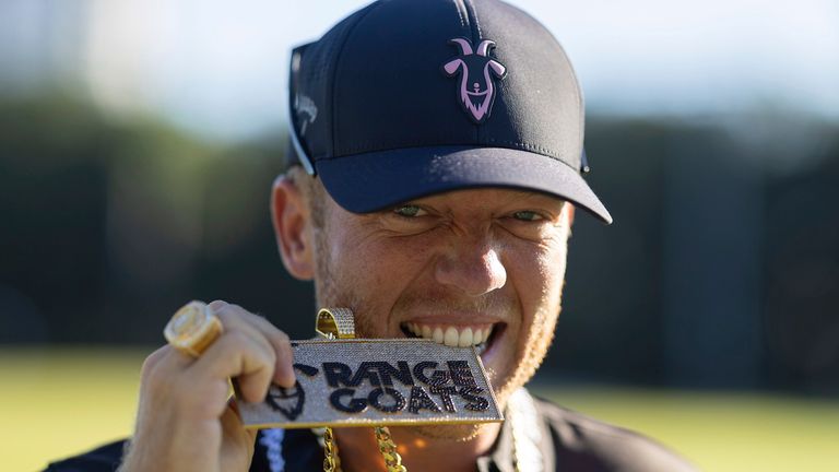 Talor Gooch of RangeGoats GC poses with his Individual Championship Ring on the driving range during the pro-am ahead of LIV Golf Team Championship Miami at the Trump National Doral on Thursday, October 19, 2023 in Miami, Florida. (Photo by Doug DeFelice/LIV Golf via AP)