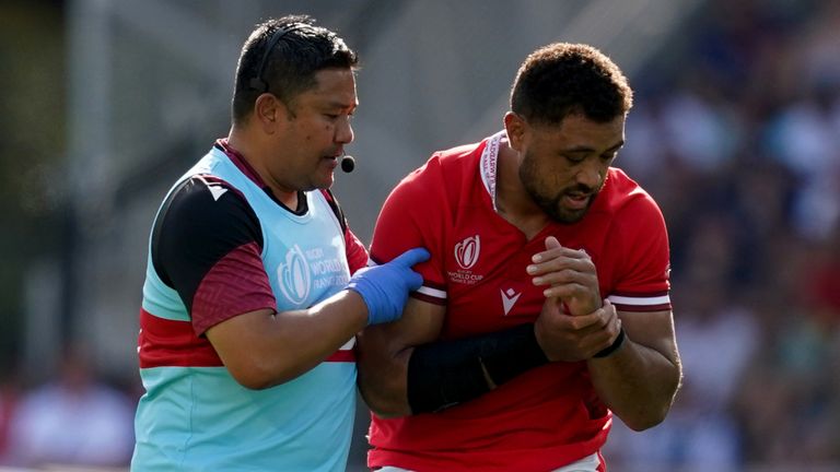 Wales v Georgia - Rugby World Cup 2023 - Pool C - Stade de la Beaujoire
Wales' Taulupe Faletau (second right) leaves the field with an injury during the Rugby World Cup 2023, Pool C match at Stade de la Beaujoire in Nantes, France. Picture date: Saturday October 7, 2023.