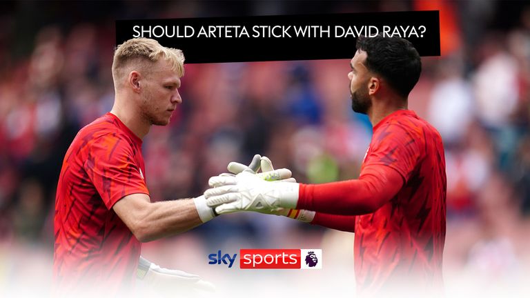 Arsenal goalkeepers Aaron Ramsdale (left) and David Raya prior to the Premier League match at the Emirates Stadium, London. Picture date: Sunday September 24, 2023.