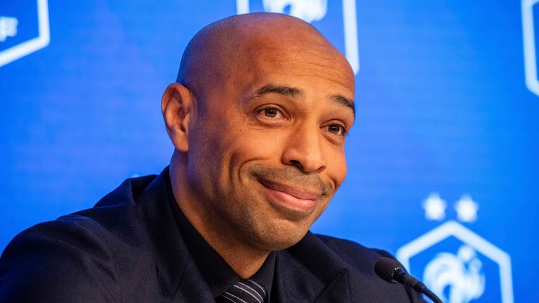 Thierry Henry giving a press conference in Paris, on Tuesday Aug. 29, 2023. Henry was appointed as coach of the national under-21 team last week on a two-year contact and he will also lead a France side at the 2024 Paris Olympics. (AP Photo/Sophie Garcia)