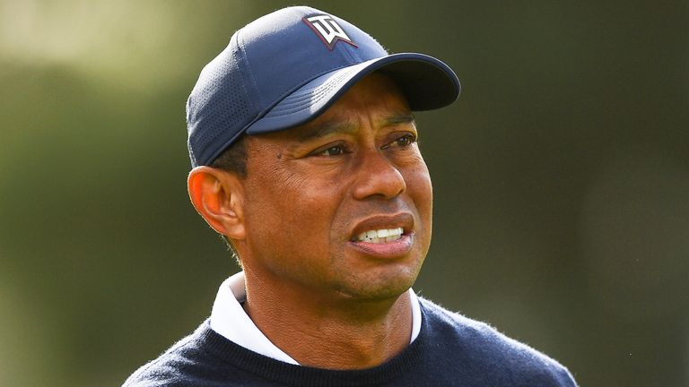 PACIFIC PALISADES, CA - FEBRUARY 16: Tiger Woods looks on during the first round of the Genesis Invitational on February 16, 2023, at Riviera Country Club in Pacific Palisades, CA. (Photo by Brian Rothmuller/Icon Sportswire) (Icon Sportswire via AP Images)