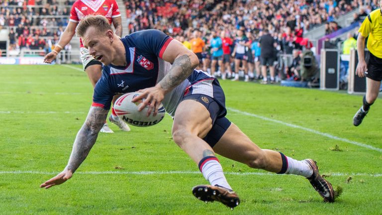 Picture by Olly Hassell/SWpix.com - 22/10/2023 - Rugby League - International Test Series - England v Tonga - The Totally Wicked Stadium, St Helens, England - England's Tom Johnstone scoring a try