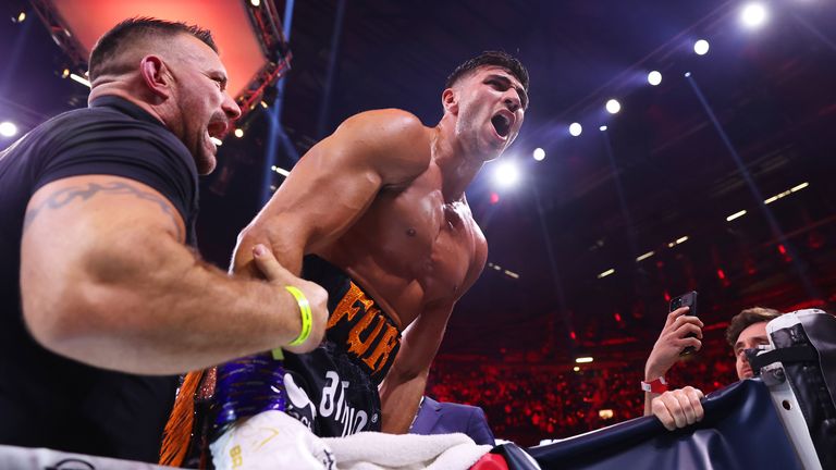 Tommy Fury celebrates victory after the Misfits Cruiserweight fight between KSI (Olajide Olayinka Williams) and Tommy Fury at AO Arena on October 14, 2023 in Manchester, England. (Photo by Matt McNulty/Getty Images)