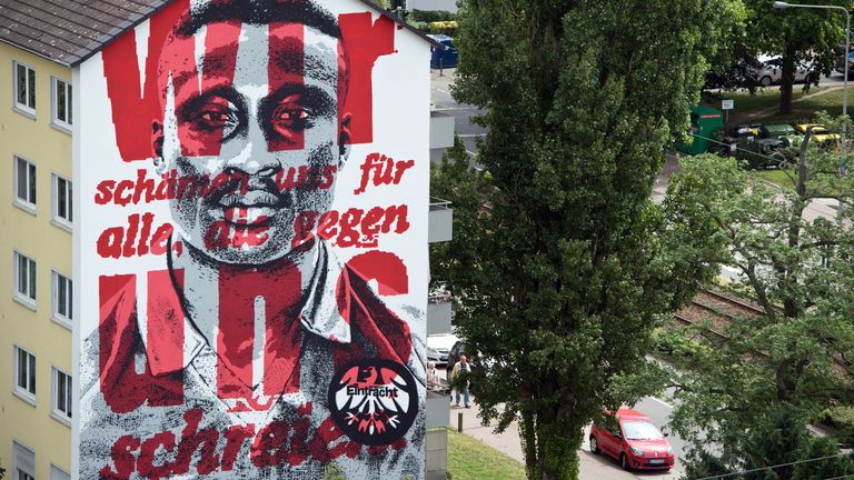 Mural of Eintracht Frankfurt hero Tony Yeboah on a house in Frankfurt, known as 'The Tony Yeboah House'