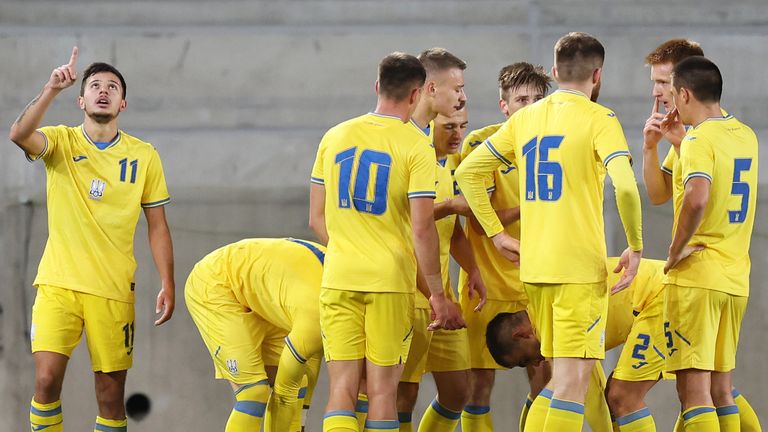 Nazar Voloshyn clebrates after scoring Ukraine's first goal against England