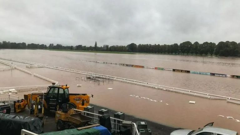 Flooding from Storm Babet left Worcester&#39;s racecourse under water for the second this year. Source: Worcester Racecourse (X)