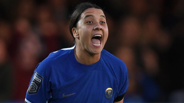 Sam Kerr celebrates after opening the scoring for Chelsea against West Ham
