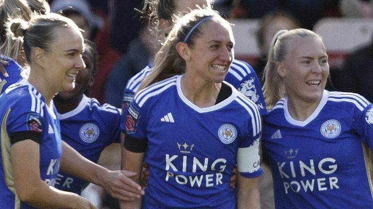Aileen Whelan celebrates with her team-mates after giving Leicester City the lead against Manchester United