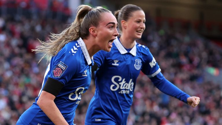Megan Finnigan celebrates after heading Everton in front against Liverpool