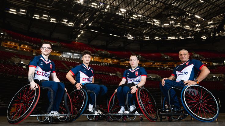 Picture by Alex Whitehead/SWpix.com - 25/10/2023 - Rugby League - England Wheelchair RL - First Direct Arena, Leeds, England - (from left) Josh Butler, Tom Halliwell, Nathan Collins and Wayne Boardman pictured to preview the match against France next month.