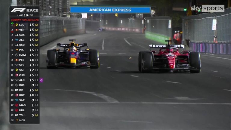 Charles Leclerc expertly overtakes Max Verstappen for the race lead in Las Vegas.