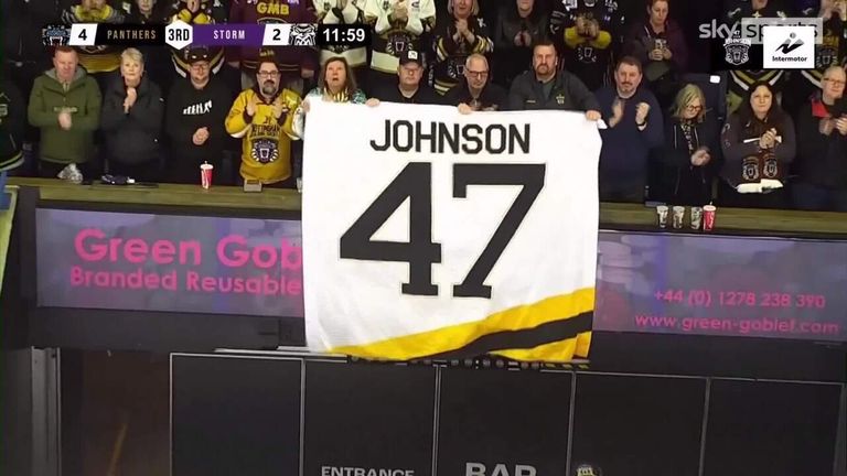 The Nottingham Panthers and their fans pay tribute to Adam Johnson at their memorial game against the Manchester Storm with a minute's applause during the 47th minute to reflect the Panthers jersey number worn by the American.