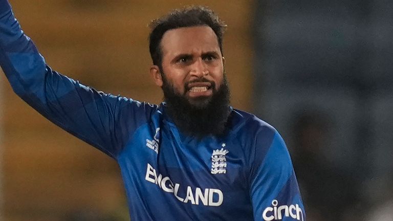 England's Adil Rashid reacts after a delivery during the ICC Men's Cricket World Cup match between England and Netherlands in Pune, India, Wednesday, Nov. 8, 2023. (AP Photo/Rafiq Maqbool)