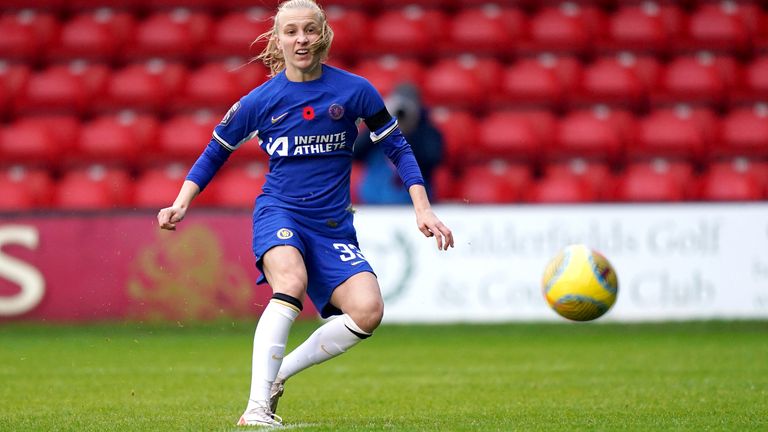 Chelsea&#39;s Agnes Beever-Jones scores their sides fifth goal during the Barclays Women&#39;s Super League match at the Poundland Bescot Stadium, Walsall. Picture date: Saturday November 4, 2023.