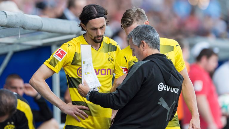  Albert Capellas gives instructions to players Neven Subotic (L) and Lukasz Piszczek during the friendly soccer match between VfL Bochum and Borussia Dortmund in the Vonovia Ruhr Stadium in Bochum, Germany, 22 July 2017.