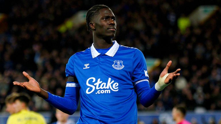 Everton's Amadou Onana celebrates scoring their second goal of the match