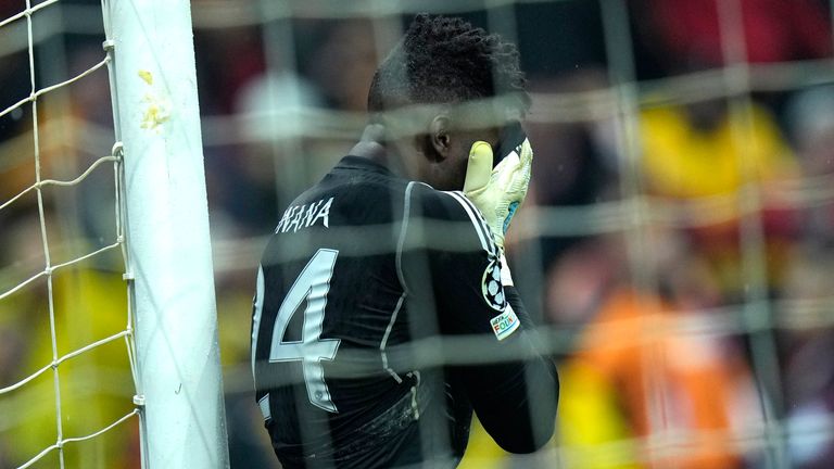 Manchester United's goalkeeper Andre Onana reacts during the Champions League group A soccer match between Galatasaray and Manchester United in Istanbul, Turkey, Wednesday, Nov. 29, 2023. (AP Photo/Francisco Seco)