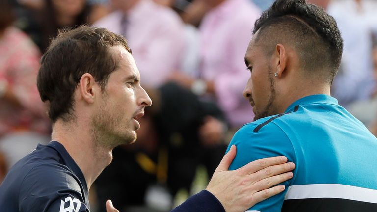 Andy Murray embraces Nick Kyrgios after their 2018 match at Queen&#39;s 
