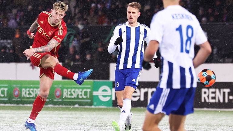 HELSINKI, FINLAND - NOVEMBER 30: Aberdeen's Angus MacDonald scores to make it 2-1 during a UEFA Conference League group stage match between HJK Helsinki and Aberdeen at the Bolt Arena, on November 30, 2023, in Helsinki, Finland. (Photo by Ross MacDonald / SNS Group)
