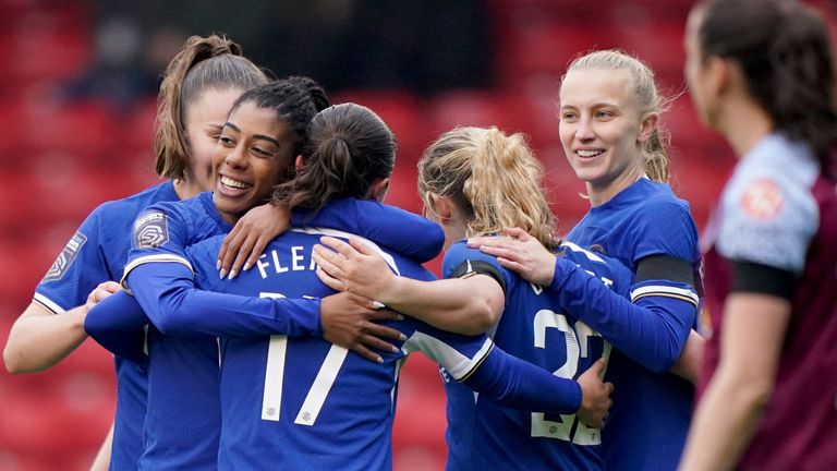 Chelsea&#39;s Ashley Lawrence celebrates with team-mates after scoring their fourth goal