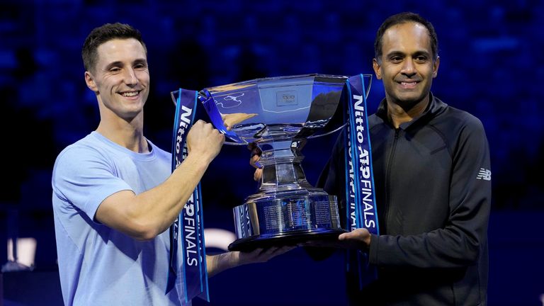 British doubles sensation Joe Salisbury, left and partner Rajeev Ram celebrate after winning the doubles final tennis match of the ATP World Tour Finals at the Pala Alpitour in Turin (AP Photo/Antonio Calanni)