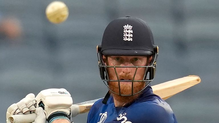 England's Ben Stokes plays a shot during the ICC Men's Cricket World Cup match between England and Netherlands in Pune, India , Wednesday, Nov. 8, 2023. (AP Photo/Rafiq Maqbool)