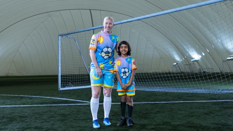 England Lioness Beth England and Aerodynamicist Sophie Harker join The Institution of Engineering and Technology competition winners Erim Ali, 13, and Ishaani Nair, 7 to reveal the first official Moon United football kit.