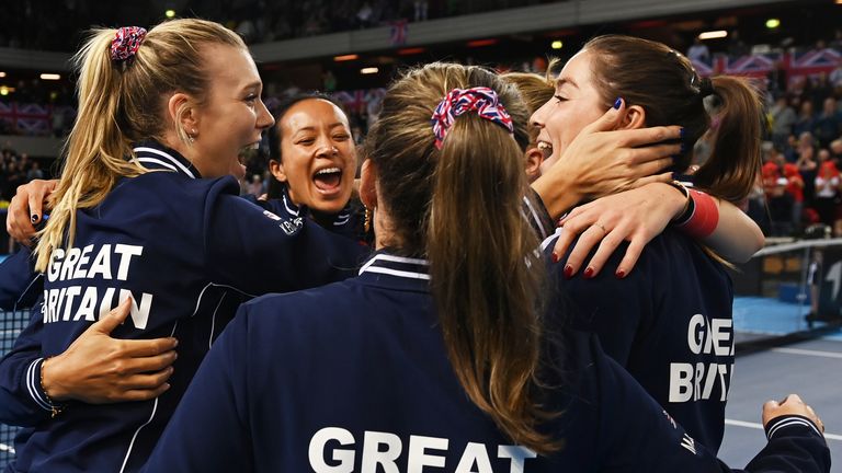 Team GB celebrates after Harriet Dart of Great Britain beat Caijsa Hennemann of Sweden during day 2 of the Billie Jean King Cup Play-Off match between Great Britain and Sweden at Copper Box Arena on November 12, 2023 in London, England
