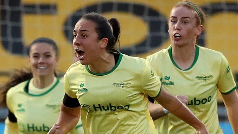 DAGENHAM, ENGLAND - NOVEMBER 05: Brooke Aspin of Bristol City celebrates after scoring the team's third goal during the Barclays Women´s Super League match between West Ham United and Bristol City at Chigwell Construction Stadium on November 05, 2023 in Dagenham, England. (Photo by Henry Browne/Getty Images)