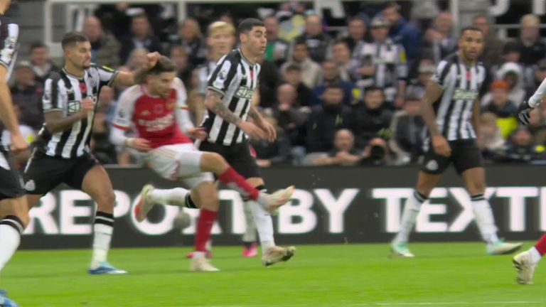Bruno Guimaraes' forearms connects with Jorginho's head off the ball