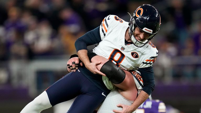 Chicago Bears kicker Cairo Santos (8) celebrates with teammate guard Lucas Patrick after kicking a 30-yard field goal
