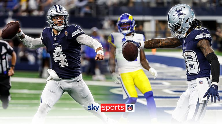 Dallas Cowboys quarterback Dak Prescott throws a touchdown pass to wide receiver CeeDee Lamb during the first half of an NFL football game against the Los Angeles Rams
