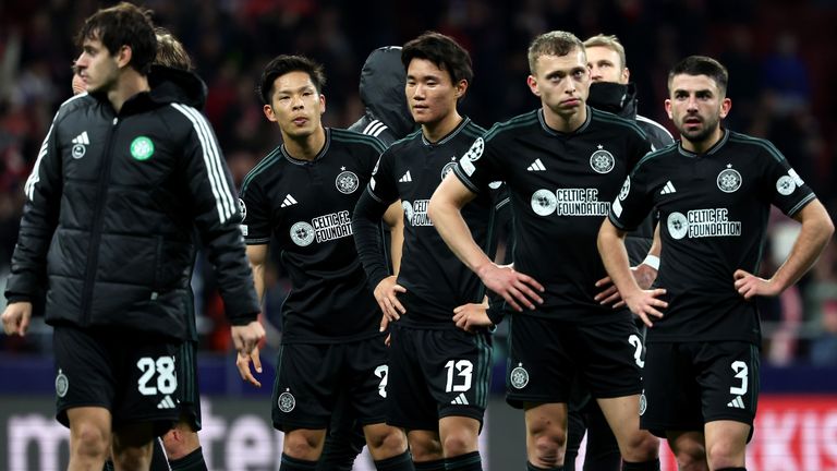 Celtic players look dejected after the final whistle in the UEFA Champions League Group E match at the Estadio Metropolitano, Madrid. Picture date: Tuesday November 7, 2023.
