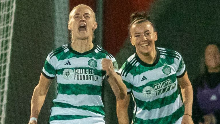GOAL! 1-0 Natalie Ross of Celtic headers in the opener  during the 1/4 final Sky Sports Cup match, Celtic FC vs Glasgow City FC. Excelsior Stadium, Airdrie, 10/11/2023. Image Credit: Colin Poultney/SWPL