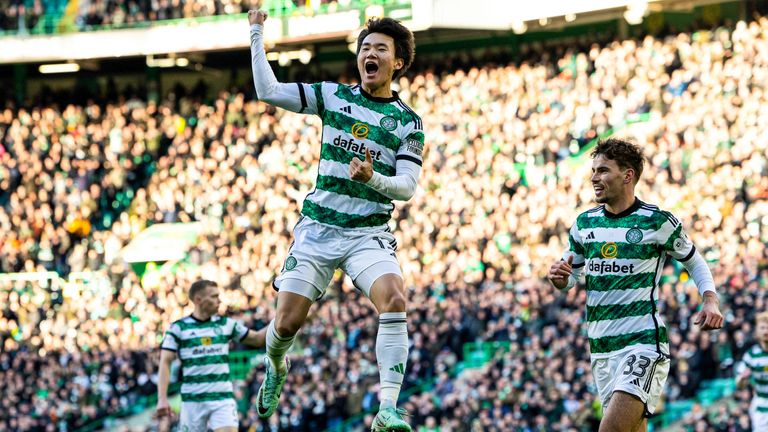 GLASGOW, SCOTLAND - NOVEMBER 12: Celtic's Yang Hyun-Jun celebrates as he scores to make it 1-0 during a cinch Premiership match between Celtic and Aberdeen at Celtic Park, on November 12, 2023, in Glasgow, Scotland. (Photo by Craig Foy / SNS Group)