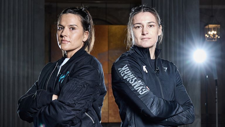 Dublin, Ireland - November 21: Chantelle Cameron and Katie Taylor Face Off for the 1st time in fight week ahead of their Undisputed Super-Lightweight World Title Fight on saturday night..21 November 2023.Picture By Mark Robinson Matchroom Boxing.