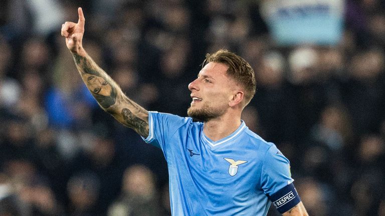 ROME, ITALY - NOVEMBER 28: Lazio&#39;s Ciro Immobile celebrates after he scores to make it 1-0 during a UEFA Champions League group stage match between S.S. Lazio and Celtic at Stadio Olimpico, on November 28, 2023, in Rome, Italy.  (Photo by Craig Foy / SNS Group)