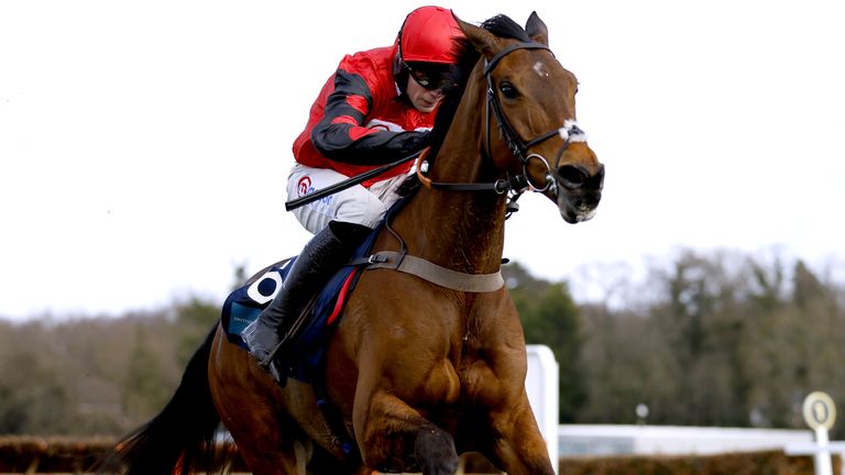 Complete Unknown ridden by jockey Lorcan Williams on their way to winning the European Breeders’ Fund Paddy Power 'National Hunt' Novices’ Handicap Hurdle Final at Sandown