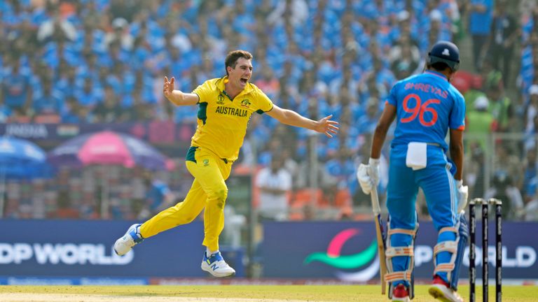 Australia&#39;s captain Pat Cummins celebrates the wicket of India&#39;s Shreyas Iyer (four) who edged and was caught behind by Josh Inglis