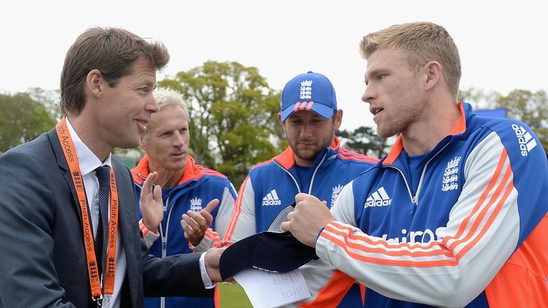 David Willey receives his debut England cap during the Royal London One Day International against Ireland at Malahide Cricket Club on May 8, 2015