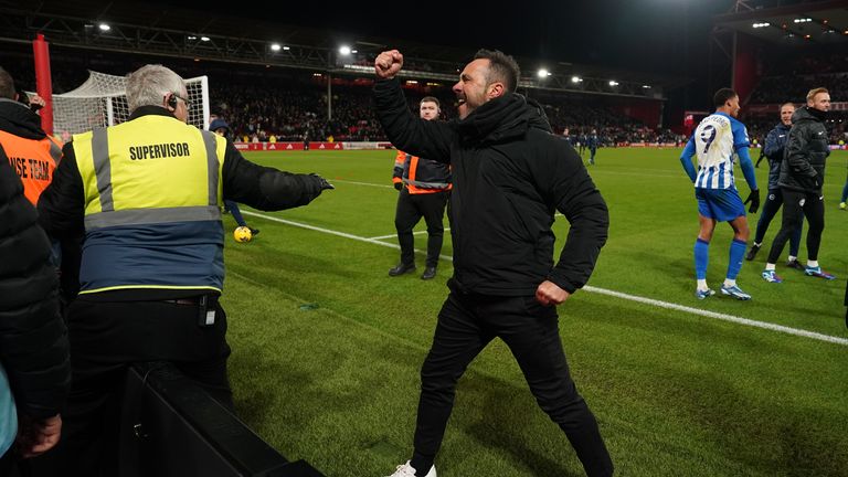 Brighton manager Roberto de Zerbi ran straight to the away fans at full-time in celebration