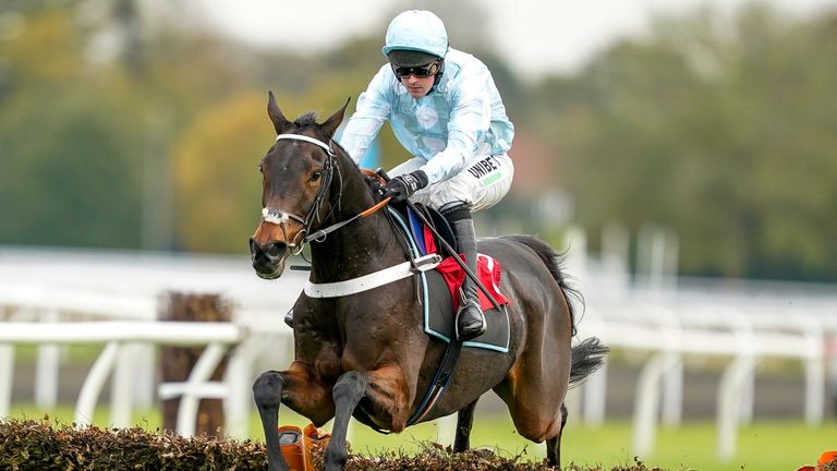Nico de Boinville riding Doddiethegreat clear the last to win The Watch RacingTV With Free Trial Now Novices&#39; Hurdle at Kempton