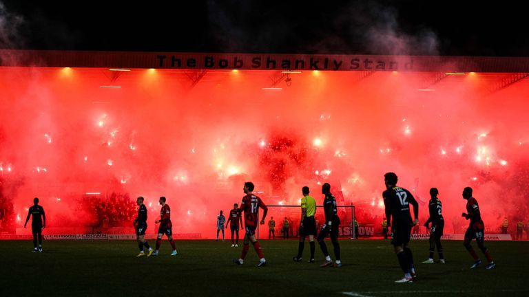 DUNDEE, SCOTLAND - NOVEMBER 01: Rangers fans light up the Bob Shankly stand with pyro during a cinch Premiership match between Dundee FC and Rangers at The Scot Foam Stadium at Dens Park, on November 01, 2023, in Dundee, Scotland.  (Photo by Ross Parker / SNS Group)