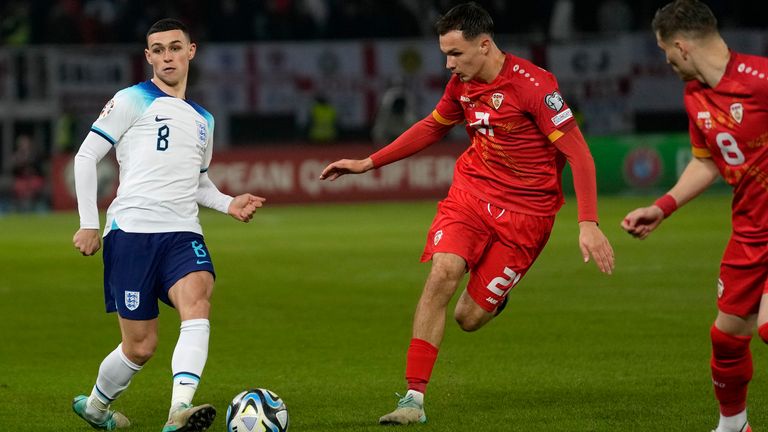 England&#39;s Phil Foden passes the ball during the Euro 2024 group C qualifying soccer match between North Macedonia and England at National Arena Todor Proeski in Skopje, North Macedonia, Monday, Nov. 20, 2023. (AP Photo/Darko Vojinovic)