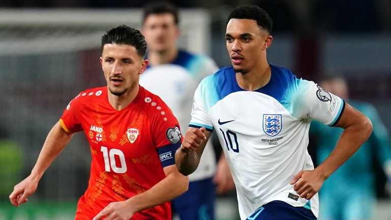 North Macedonia&#39;s Enis Bardhi (left) and England&#39;s Trent Alexander-Arnold in action during Euro 2024 qualifier